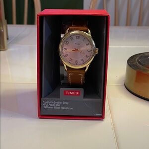 Timex Gold Watch with Brown Leather Strap